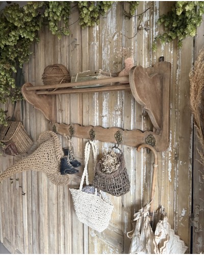 Ancienne étagère murale porte-manteaux à 5 patères en laiton