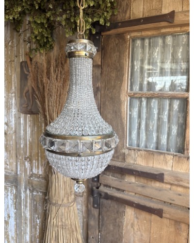 Ancien lustre montgolfière à perles et pampilles