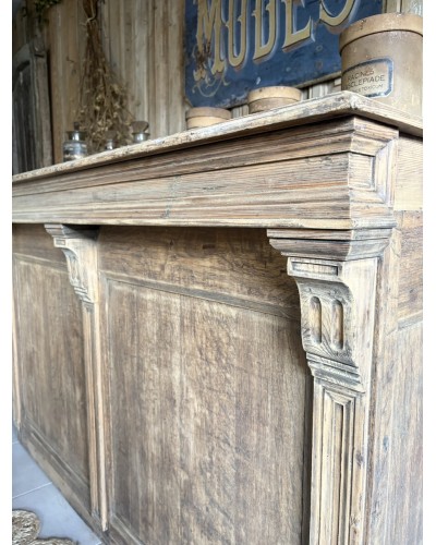 Magnifique ancien comptoir de commerce en chêne à nombreux tiroirs