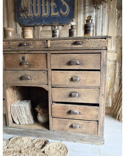 Magnifique ancien comptoir de commerce en chêne à nombreux tiroirs